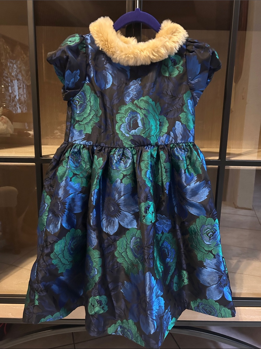Janie and Jack Navy Floral Jacquard Dress with Faux Fur Collar